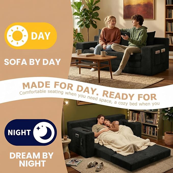 Boneless Couch Sofa Bed, 70'' Convertible Tri-Folding Futon Sleeper with Handle & Side Pockets, Pull Out Couch Bed with Hook and Loop No Assembly for Small Space,Living Room & Bedroom