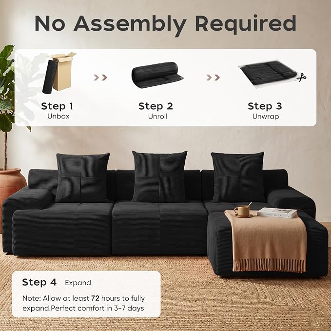 118" Sectional Boneless Oversize Modular Couches, Curved Cloud Sectional Sofa for Living Room, Corduroy L Shape Deep Seat Sofa with Ottoman & 3 Throw Pillows, No Assembly Required,Black