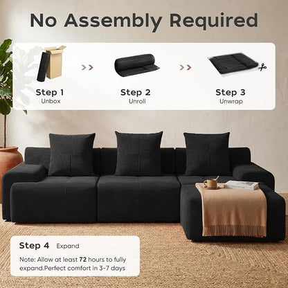 118" Sectional Boneless Oversize Modular Couches, Curved Cloud Sectional Sofa for Living Room, Corduroy L Shape Deep Seat Sofa with Ottoman & 3 Throw Pillows, No Assembly Required,Black