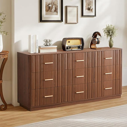 Fluted Dresser for Bedroom with 9 Drawers, 59" Wide Mid Century Modern Chest of Drawers, Wooden Dresser TV Stand, Wood Closet Clothes Storage Organizer for Living Room Hallway, Walnut