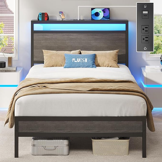 Fluest Twin Bed Frame with Headboard & Footboard, Twin Bed Frame with Charging Station & LED Light, Under-Bed-Storage, No Box Spring Needed, Noise Free, Easy Assembly, Rustic Grey