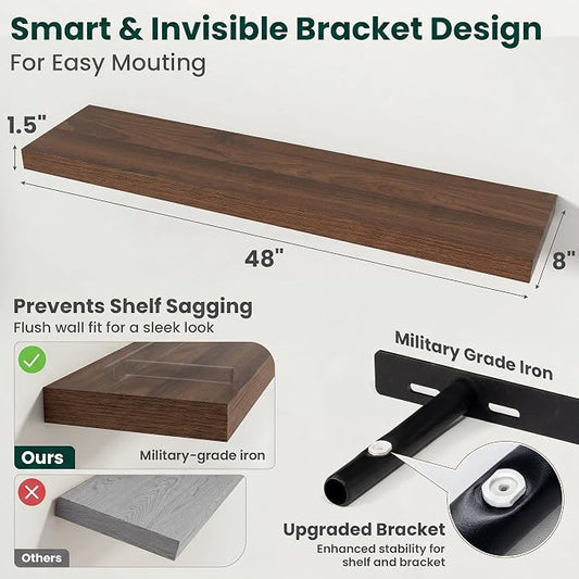 Floating Shelves for Wall, 48 Inch x 8 Inch Deep Wall Mounted Wood Shelf with Invisible Brackets for Storage & Display, Living Room Bedroom Kitchen, Walnut, Set of 2