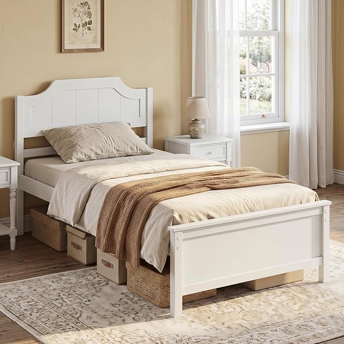 Giantex Twin Size Wooden Bed Frame with Headboard, Wood Slat Support | Farmhouse Platform Bed with Heavy Duty Mattress Foundation, Under-Bed Storage, No Box Spring Needed, Easy Assembly (White)