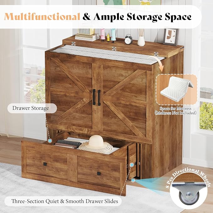 AMERLIFE Twin Murphy Bed Cabinet with Charging Station and Storage Drawer, Farmhouse Foldable Platform Bed for Home Office, Apartment, Small Spaces, Barnwood