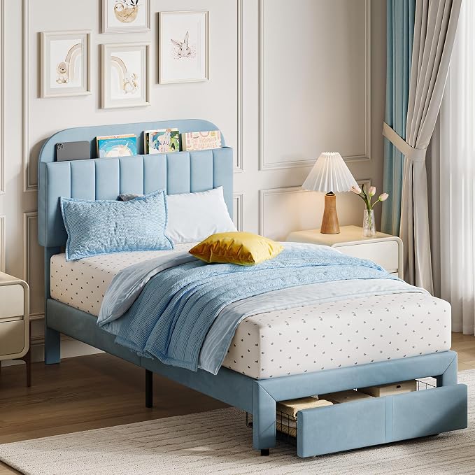 GarveeHome Twin Bed Frame with Drawer, Velvet Upholstered Platform Bed Frame with Storage Headboard, No Box Spring Needed, Easy Assembly, Noise-Free, Blue