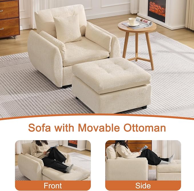 30" Modular Cloud Accent Chair with Ottoman, Deep Seat Tufted Chenille Sofa Chair with Curved Arms, Upholstered Reading Chairs for Living Room, Bedroom, Beige