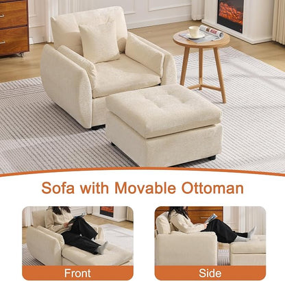 30" Modular Cloud Accent Chair with Ottoman, Deep Seat Tufted Chenille Sofa Chair with Curved Arms, Upholstered Reading Chairs for Living Room, Bedroom, Beige