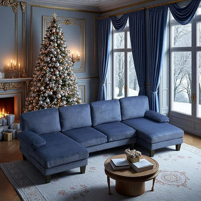 VINGLI 110" Sectional Couches for Living Room,U Shaped Couch with Double Chaise, 4-Seat Sofa Set with Corduroy Fabric for Home Furniture,Ocean Blue