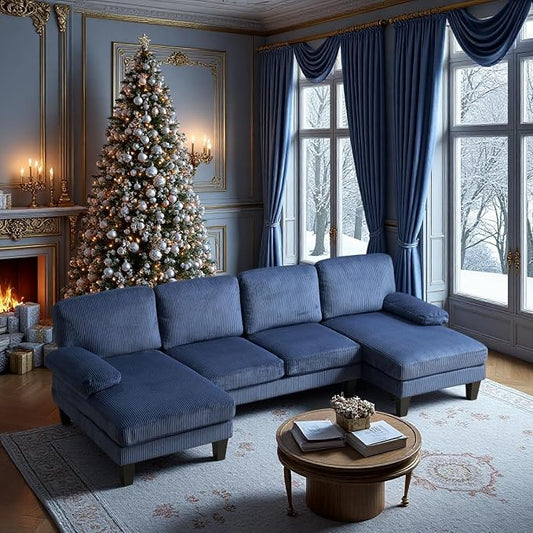 VINGLI 110" Sectional Couches for Living Room,U Shaped Couch with Double Chaise, 4-Seat Sofa Set with Corduroy Fabric for Home Furniture,Ocean Blue