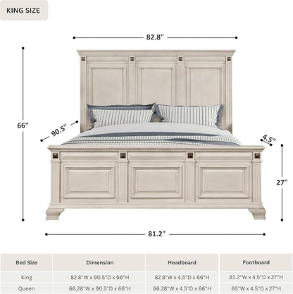 Roundhill Furniture Renova Distressed Parchment Wood Bedroom Set, Panel Bed, Dresser, Mirror, Nightstand, King