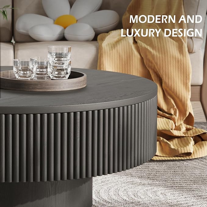 YOUDENOVA 35” Round Fluted Coffee Table, Modern Wood Circle Coffee Table, Veneer Handcrafted Relief Tea Table with Sturdy Pedestal for Living Room - Black