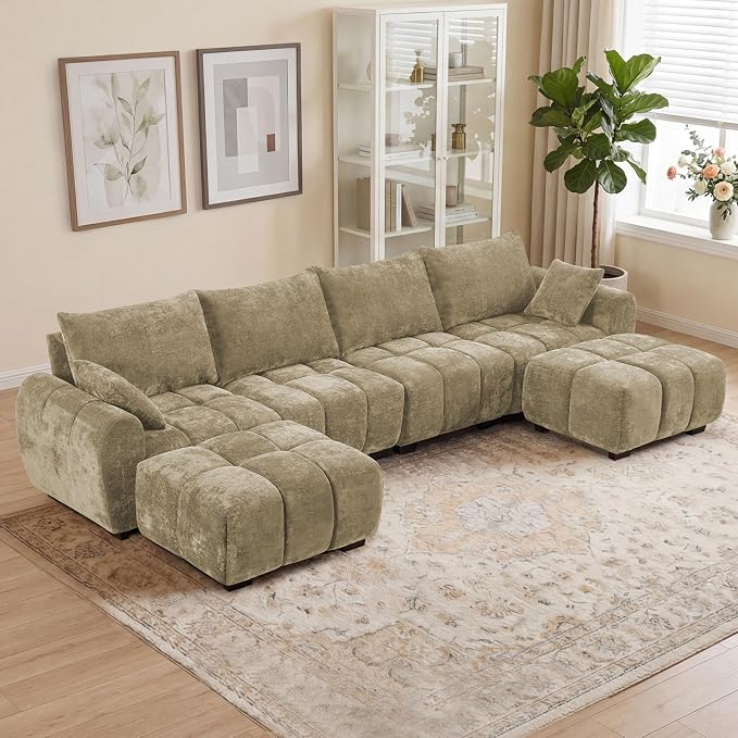 143" Oversized U Shaped Cloud Modular Sectional Sofa, Modern Chenille Upholstered 6 Seater Couch with 2 Removable Ottomans, Tufted Deep Seat & Wood Legs, Large Brown Sectional Couches for Living Room