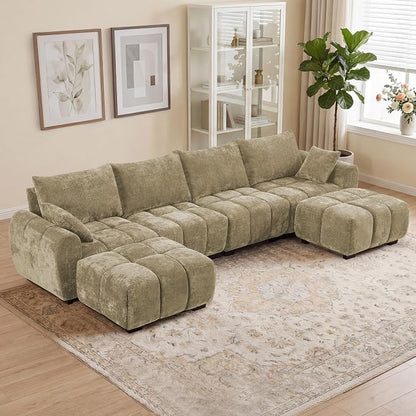 143" Oversized U Shaped Cloud Modular Sectional Sofa, Modern Chenille Upholstered 6 Seater Couch with 2 Removable Ottomans, Tufted Deep Seat & Wood Legs, Large Brown Sectional Couches for Living Room