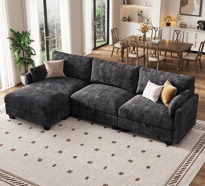 Modular Sectional L Shaped Sofa Couches for Living Room, Cloud Couch with Storage Ottoman, Comfy Chenille Sofa with Pillow, Black