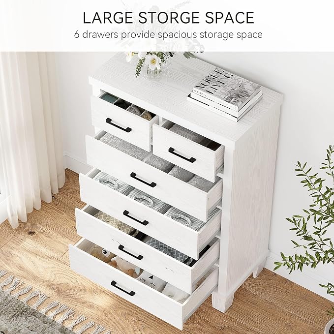 Garvee Dresser for Bedroom with 6 Drawers, 45" Tall White Dressers & Chests of Drawers with Storage, Wooden Storage Organizer Dressers for Closet, Large Drawer Dresser for Living Room, Entryway