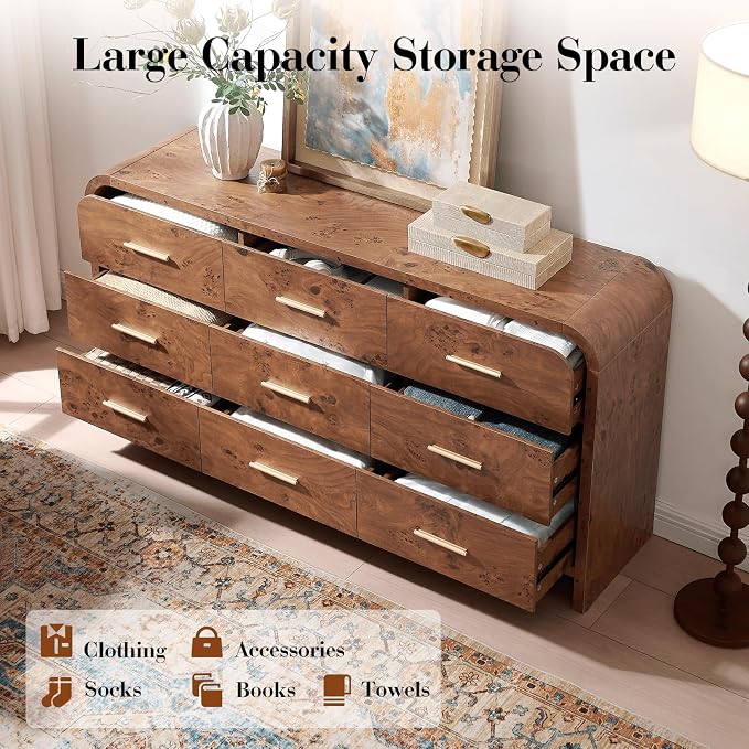 Curved 9 Drawer Dresser for Bedroom, 63'' Wide Chest of Drawers, Farmhouse Storage Cabinet for Hallway & Living Room TV Stand, FSC Certified 1.18" Thick Board, 100 lbs Top Weight, Dark Burl