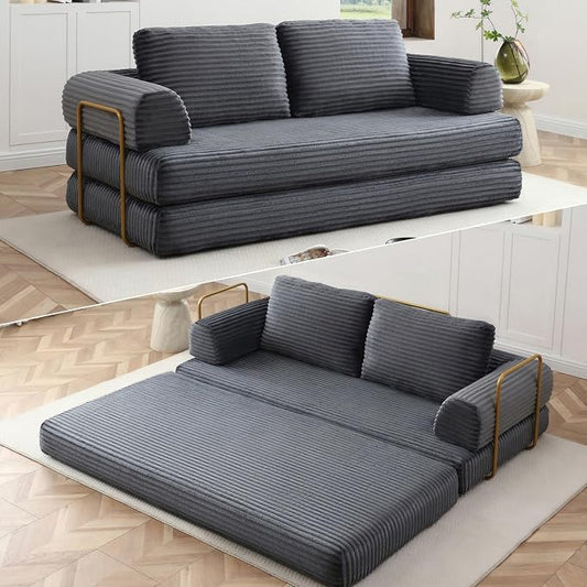 HANXIN 80 Inch Convertible Sleeper Sofa Bed, High Back Plush Corduroy Folding Floor Mattress Couch with Fixed-Shape Frame, Boneless Futon Loveseat with Pull Out Bed, No Assembly Required (Grey)
