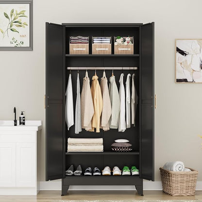 PAOFIN 71" Metal Armoire Wardrobe Closet, Bedroom Clothing Storage Cabinet with 2 Drawers and Hanging Rod, Freestanding Armoire Cabinet with Adjustable Shelves (Black)