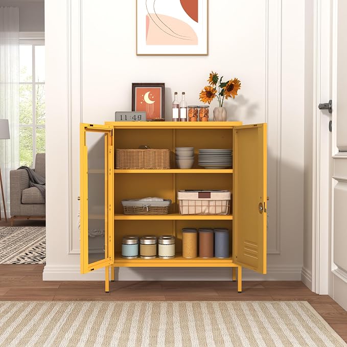 33" Tall Yellow Metal Locker Storage Cabinet with Lock Left Glass Door and Right Metal Door 2 Adjustable Shelves Steel Storage Organizer for Foyer Living Room Size：33" H X 29.5" W X 13.8" D