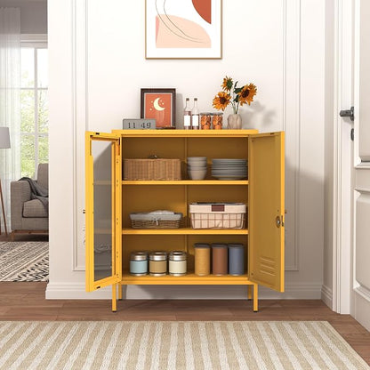 33" Tall Yellow Metal Locker Storage Cabinet with Lock Left Glass Door and Right Metal Door 2 Adjustable Shelves Steel Storage Organizer for Foyer Living Room Size：33" H X 29.5" W X 13.8" D