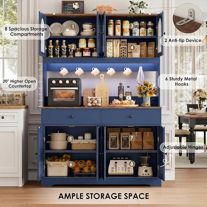 HIFIT 71" LED Kitchen Pantry Cabinet with Power Outlet, Large Kitchen Hutch Cabinet with 2 Storage Drawers & Arched Door, Countertop & Hooks, Tall China Bar for Dining Living Room (Blue)