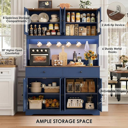 HIFIT 71" LED Kitchen Pantry Cabinet with Power Outlet, Large Kitchen Hutch Cabinet with 2 Storage Drawers & Arched Door, Countertop & Hooks, Tall China Bar for Dining Living Room (Blue)