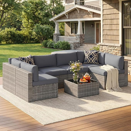 May in Color 7 Pieces Wicker Outdoor Patio Furniture Set, Patio Sectional Sofa with Coffee Table, All-Weather Outdoor Sectional Furniture for Garden Backyard, Grey