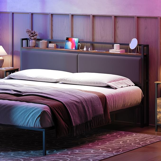 King Size Headboard Only with Storage Shelves, Upholstered Headboard with Charging Station, Height Adjustable, Sturdy and Stable, Vintage Style, Rustic Brown, Gray and Black