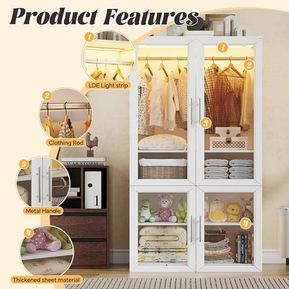 PAKASEPT Armoire Wardrobe Closet Door, Bedroom Closet Wardrobe Cabinet with Hanging Rod, Lighted Freestanding Armoire Storage Cabinet for Bedroom Cloakroom White (White&Full Glass Door)