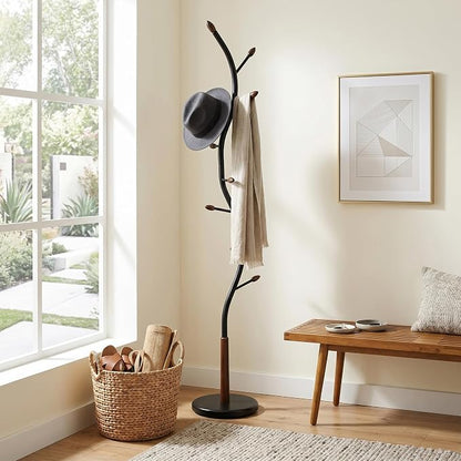 Roundhill Furniture Arles Metal Black and Walnut Standing Coat Rack