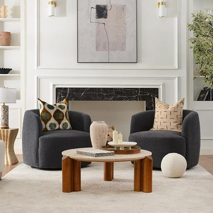 KINWELL 34" Wide Boucle Swivel Barrel Chairs Set of 2, No Assembly Round Upholstered Armchairs Accent Chairs Single Sofa Chair with Toss Pillow for Living Room and Bedroom, Dark Grey