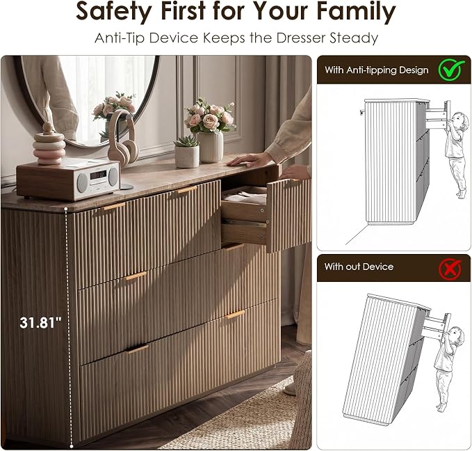 Dresser for Bedroom with 7 Drawers, 54"W Chest of Drawers, Fluted Dresser with Faux Marble Top, Curved Profile Design, Metal Handle, Wood Closet Storage Organizer for Living Room, Hallway, Natural Oak