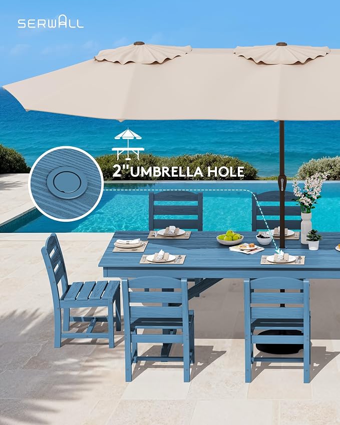 SERWALL 9 Piece 84" HDPE Outdoor Dining Set for 8 with Armless Chairs and Umbrelle Hole, Blue