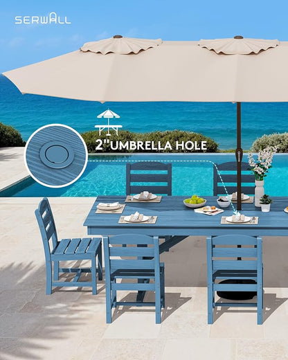 SERWALL 9 Piece 84" HDPE Outdoor Dining Set for 8 with Armless Chairs and Umbrelle Hole, Blue