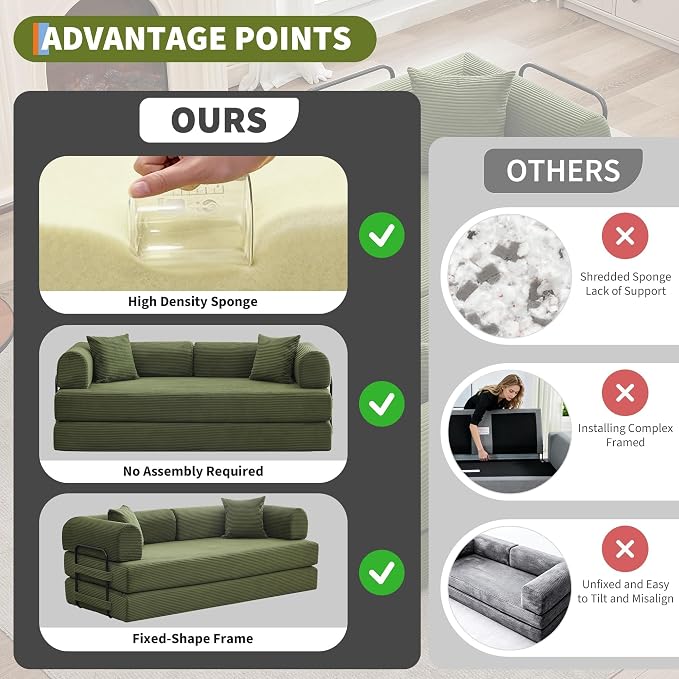 IDEALHOUSE 4 in 1 Convertible Sleeper Sofa Bed Couch, 79 Inch Boneless Corduroy Floor Couch with Pillows, No Assembly, Modern Deep Seat Sofa Futon Mattress for Living Room,Apartment,Green