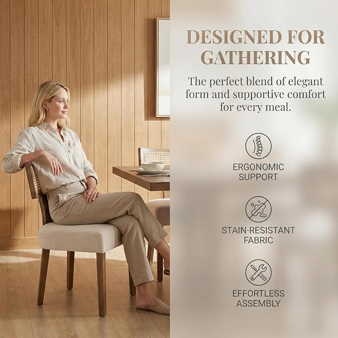 HNY Mid Century Modern Rattan Dining Chairs Set of 4, Linen Upholstered Kitchen & Dining Room Chairs with Ergonomic Curved Back, Solid Wood Frame, Farmhouse Accent Chairs for Home, Apartment, Beige