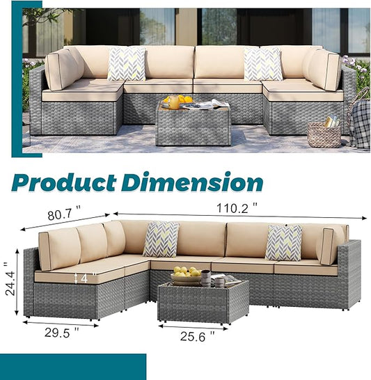 SUNLEI 7pcs Patio Conversation Sets Outdoor Furniture Sets, High Back All-Weather Rattan Sectional Sofa with Tea Table&Washable Couch Cushions(Silver Rattan)(Khaki)