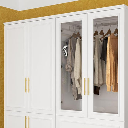 Timechee Almirah for Clothes Combination, White Wardrobe Closet Bedroom Storage Cabinets with Tempered Glass Doors and Shelves, Armoire with Drawers, Large Standing Wardrobe Storage Closet for Bedroom