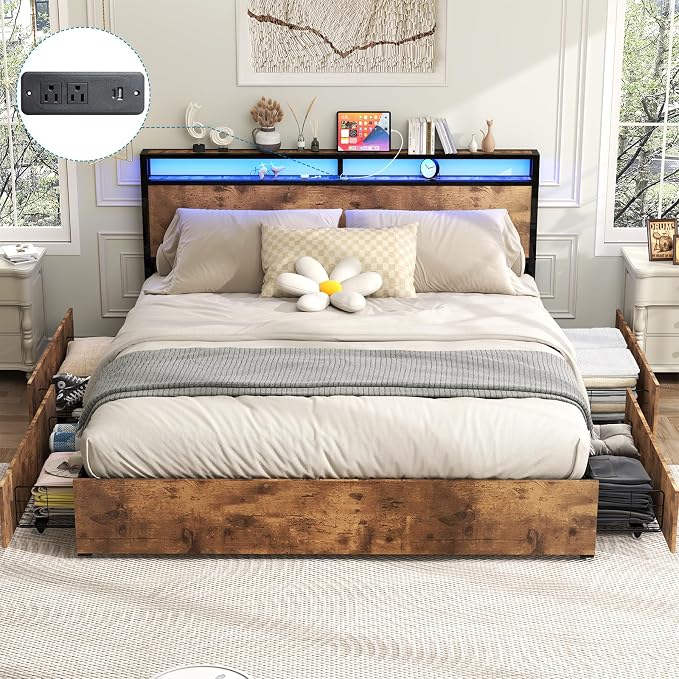 Kiivakii King Size Bed Frame with 4 Storage Drawers, LED Platform Bed with Headboard, Built in Charging Station, Noise Free, Metal Support Base, No Box Spring Needed, Rustic Brown