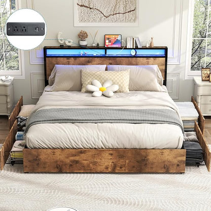 Kiivakii King Size Bed Frame with 4 Storage Drawers, LED Platform Bed with Headboard, Built in Charging Station, Noise Free, Metal Support Base, No Box Spring Needed, Rustic Brown