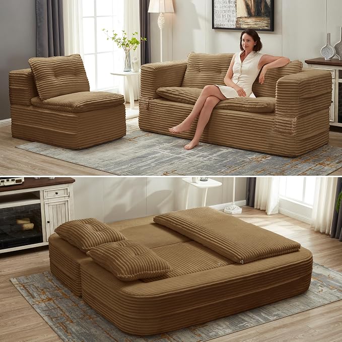 80'' Futon Sofa Bed, King Size Foldable Sleeper Sofa, Corduroy Boneless Loveseat Couch with Chaise Lounge, 3 Pillows, Blanket, Upholstered Sectional Couches for Living Room, Bedroom, Camel