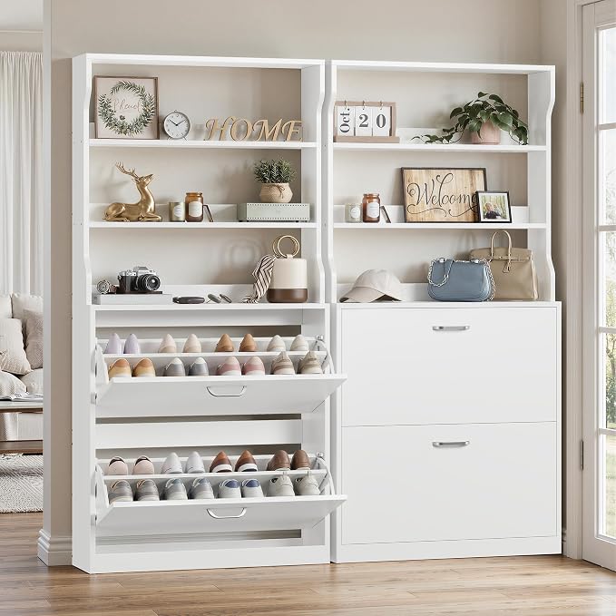 IRONCK Tall Shoe Cabinet with 2 Flip Drawers, Narrow Hidden Shoe Storage Cabinet with Shelves, Slim Freestanding Shoe Organizer for Entryway, Hallway, White