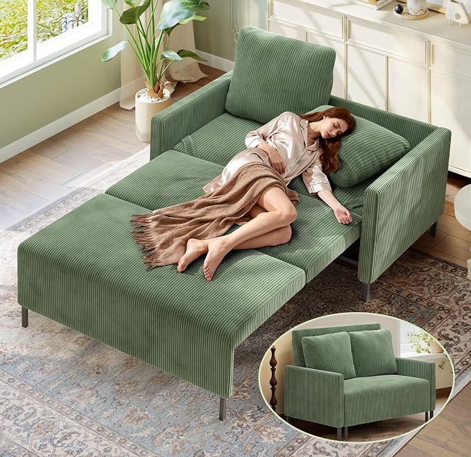 Welzona 47.2" Convertible Sofa Bed Couch, Comfy Corduroy Loveseat Sleeper Sofa, 620lbs Capacity Couch Bed, Easy Setup Love Seat Sleeper Bed 2 Pillows, Small Couches for Living Room/Office, Olive Green
