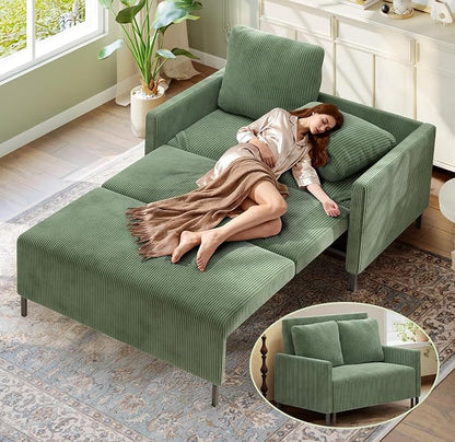 Welzona 47.2" Convertible Sofa Bed Couch, Comfy Corduroy Loveseat Sleeper Sofa, 620lbs Capacity Couch Bed, Easy Setup Love Seat Sleeper Bed 2 Pillows, Small Couches for Living Room/Office, Olive Green