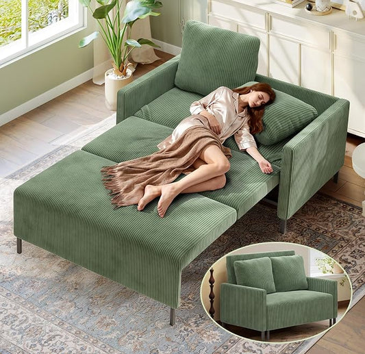 Welzona 47.2" Convertible Sofa Bed Couch, Comfy Corduroy Loveseat Sleeper Sofa, 620lbs Capacity Couch Bed, Easy Setup Love Seat Sleeper Bed 2 Pillows, Small Couches for Living Room/Office, Olive Green
