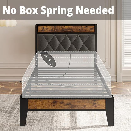 ANCTOR Twin Bed Frame, Upholstered Tufted Headboard, Storage Shelves & Charging Station, No Box Springs Needed, Sturdy, Noise-Free, Modern Vintage Style