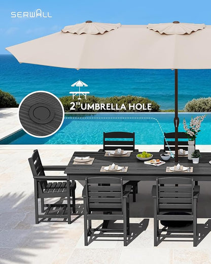 SERWALL 10 Piece 84" HDPE Outdoor Dining Set for 8 with 15ft Double-Sided Umbrella, Black