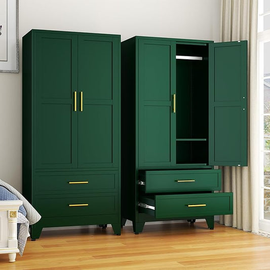 GAIOUS 71" Wardrobe Cabinet with 2 Doors, 1 Adjustable Shelf and 2 Drawers | Metal Clothing Storage Cabinets with Hanging Rod, Armoire Wardrobe Closet for Bedroom, Cloak Room, Gym (Green)