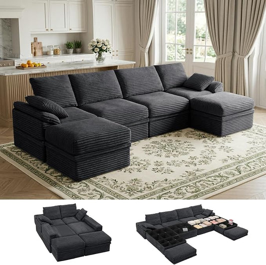 142" Modular U-Shaped Sectional Sofa with Storage, 4-Seat Corduroy Boneless Couch, 27" Deep Seat Cloud Couch & 2 Movable Ottoman, Tool-Free Assembly, Couch for Living Room, Grey