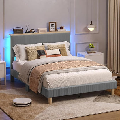 Bestier Queen Bed Frame with Adjustable Headboard & LEDLighting, Corduroy Upholstered Platform Bed Frame withStorage Shelf, Solid Wood Slats, No Box Spring Needed,Never Squeak, Easy Assembly, Grey